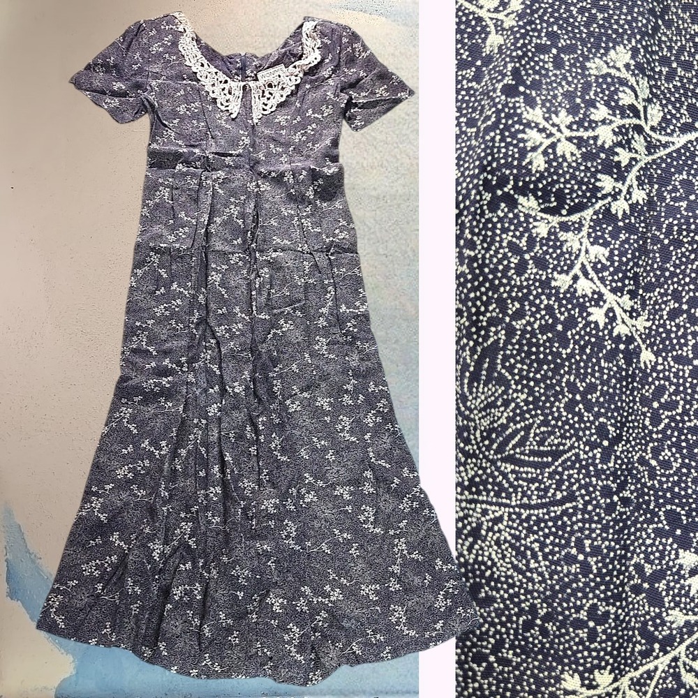 VTG Wonder Lace Maxi Dress Boho Navy Floral Collar 80s 90s Short Sleeve Pleated